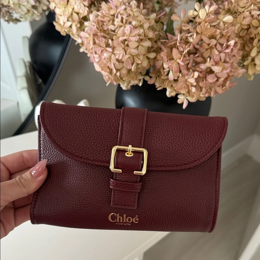 Chloé Parfums Pebbled Burgundy Small clutch with Gold Buckle - Picture 4 of 8